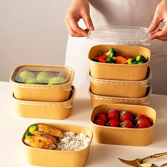 50-Pack 29oz Disposable Kraft Paper Bowls 【with Lids and Forks】Rectangle Cardboard Meal PrepContainers,Paper Leakproof Food Containers,Soup Serving Bowl for Hot/Cold Food-Microwave Safe (29oz 50Count)