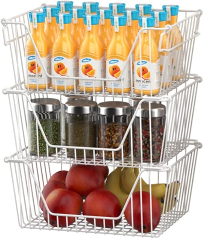 Slideep 14" Large Bin Baskets Stacking Baskets Sturdy Metal Wire Storage Baskets Organization with Handles for Pantry, Kitchen, Closets, Bathroom, Cabinets, Kitchen,White, Set of 3