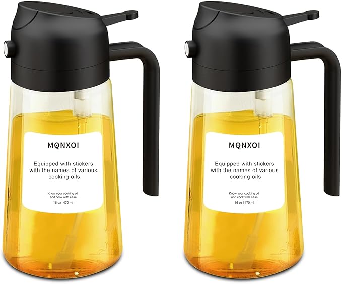 2 in 1 Glass Oil Sprayer & Dispenser,16oz/470ml Olive Cooking, Air Fryer, and Salad, for Kitchen Gadgets and Air Fryer Accessories, w/Stickers (Black + White Bottle 2)