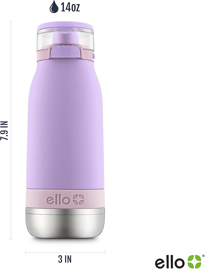 Ello Emma 14oz Vacuum Insulated Stainless Steel Kids Water Bottle with Straw and Built-in Carrying Handle and Leak-Proof Locking Lid for School Backpack, Lunchbox and Outdoor Sports