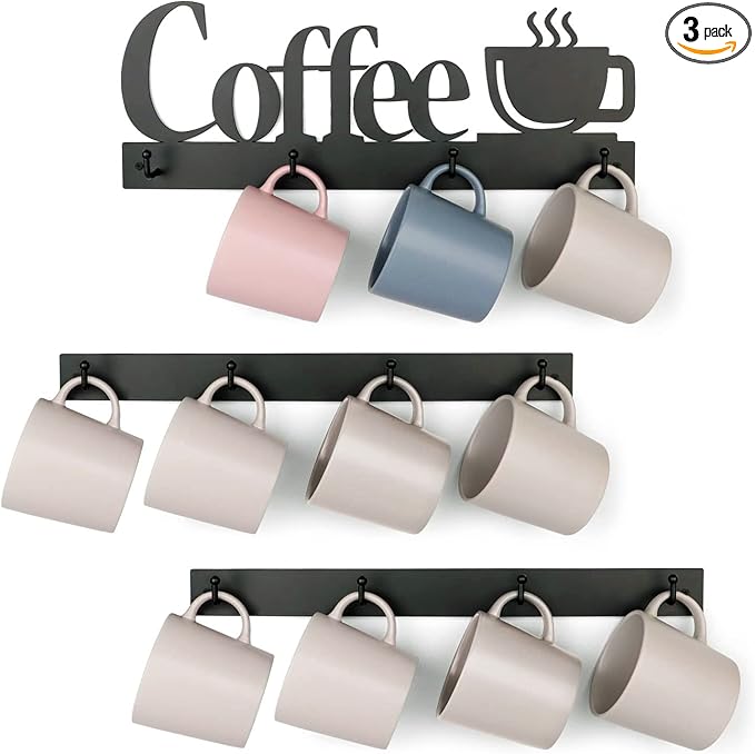 HULISEN Coffee Mug Wall Rack, Coffee Cup Holder Wall Mounted with 12 Heavy Duty Hooks and Metal Coffee Sign, Rustproof Tea Cup Hanger Display Decor for Coffee Bar, Kitchen, Office