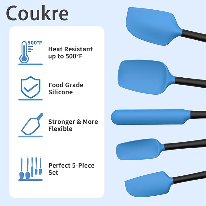 Coukre Silicone Spatula Set of 5,High Temperature Resistant, Food Grade Silicone, Dishwasher Safe, for Baking, Cooking (Blue Black)