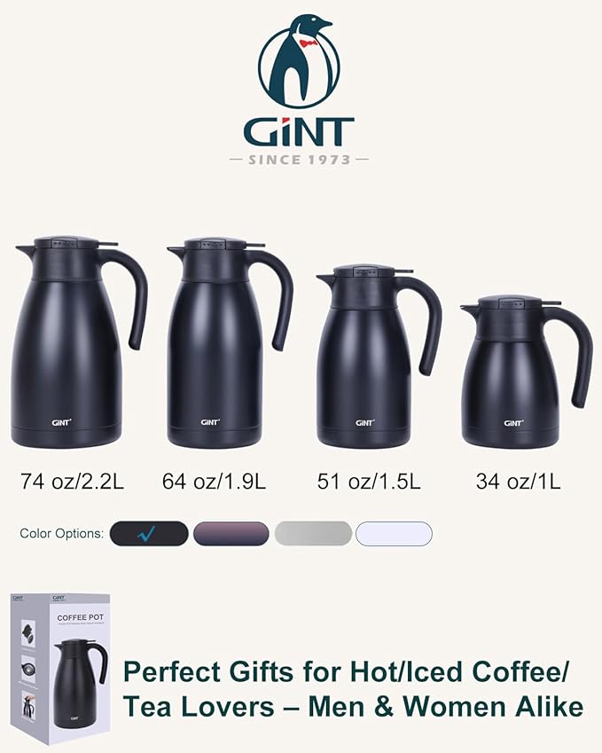 GiNT 2.2L / 74Oz Thermal Coffee Carafe, Insulated Stainless Steel Coffee Carafes for Keeping Hot/Double Walled Vacuum Thermal Carafe (Black)