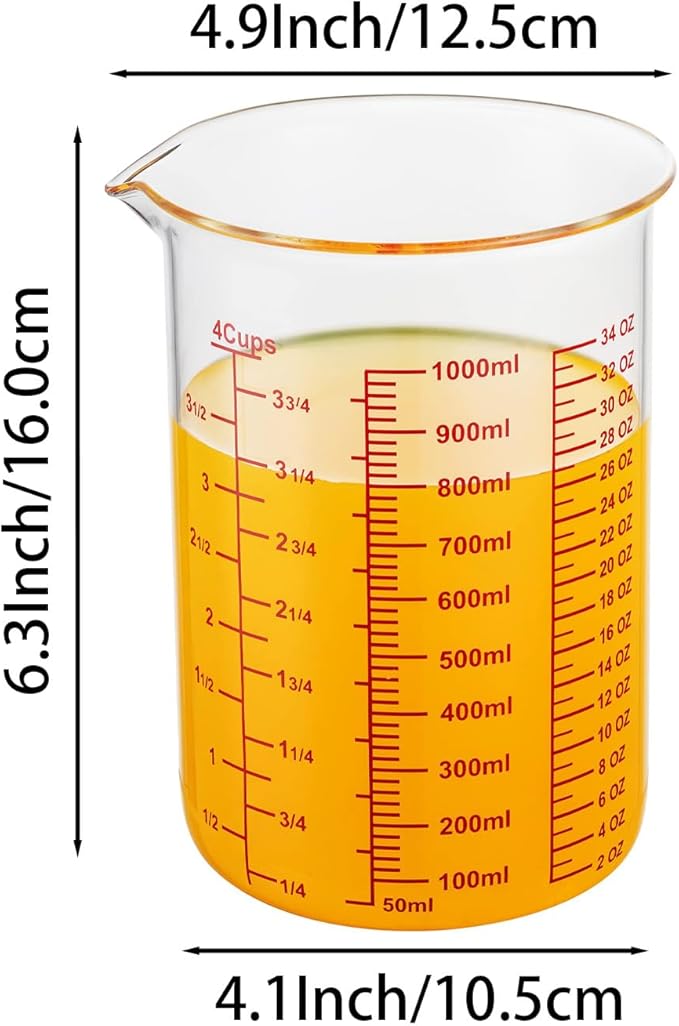 High Borosilicate Glass Measuring Cup-V-Shaped Spout，Glass Measuring Beaker for Kitchen or Restaurant, Easy to Read, 1000 ML (32 Oz, 4Cup)