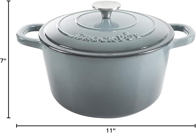 Crock-Pot Artisan 7-Quart Round Enameled Cast Iron Dutch Oven – Slate Gray, Heavy-Duty Cookware for Slow Cooking, Baking, Roasting with Lid