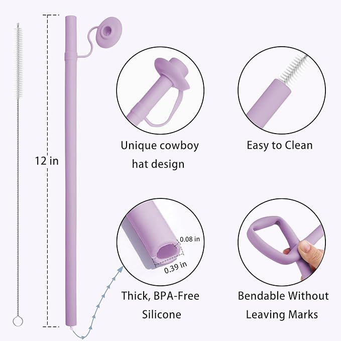 2PCS Reusable Silicone Straws with Cover, Bite-Safe, 12”Long Collapsible Drinking Straws for Stanley Owala Cups, Tumblers & Travel – Trim to Fit Any Cup (Purple)