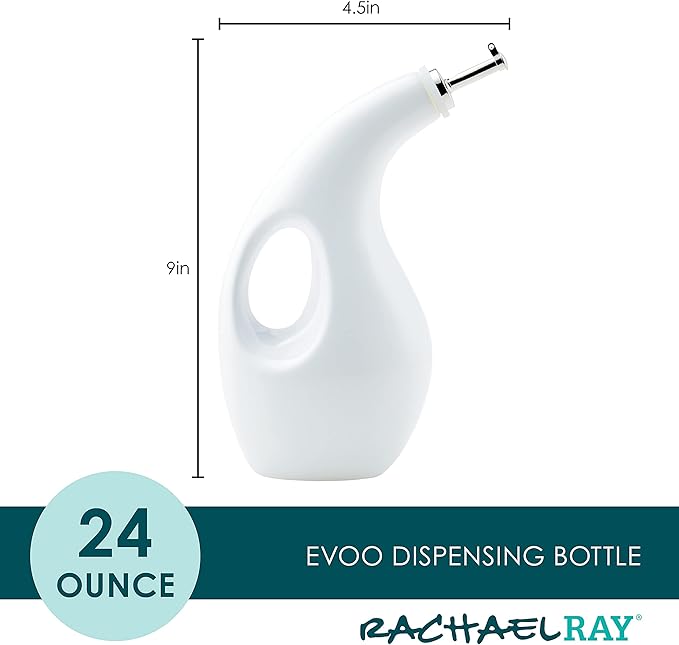 Rachael Ray Ceramic EVOO Oil and Vinegar Dispensing Bottle with Spout, 24 Ounce, White