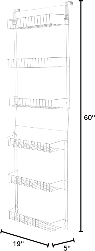 Lavish Home Powder Coated Steel Closet Organizer, 6-Tier Shelves, Over the Door Pantry Organizer, with Adhesive Hooks, White
