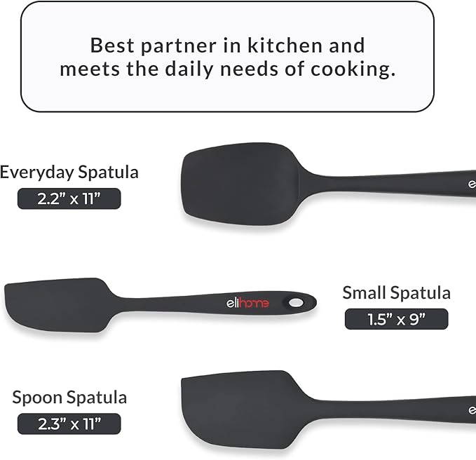 Elihome Chef Series 3 Piece Silicone Spatula Set - 600°F Heat Resistant Non Stick Rubber Kitchen Scraper Spatulas for Cooking, Baking, Mixing – BPA Free and LFGB Certified Silicone(Black)