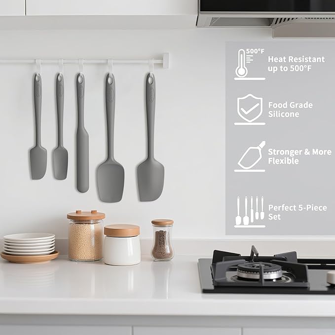 Coukre Silicone Spatula Set of 5,High Temperature Resistant, Food Grade Silicone, Dishwasher Safe, for Baking, Cooking (Pure Gray)