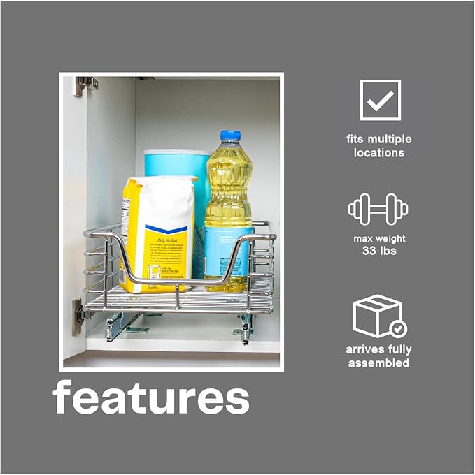 Household Essentials Glidez Chrome-Plated Steel 1-Tier Sliding Under Sink Cabinet Organizer, Chrome , 14.5"