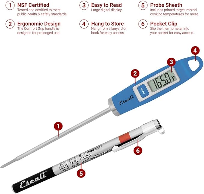 Escali DH1 Gourmet Digital Meat Thermometer with Extra Long Probe, NSF Certified, Blue
