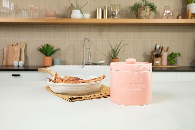 Bacon Grease Saver with Strainer - Ceramic Grease Container 1L Storage Canister | Holds Bacon Fat Drippings | Oil Keeper for Kitchen Counter Storage