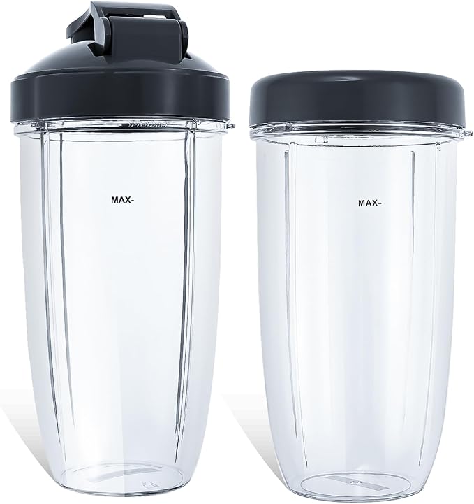 Replacement Blender 32oz Cups with Flip-Top To-Go-Lid & Flat Lid Compatible with Nutribullet Pro 900w/ 600w Models