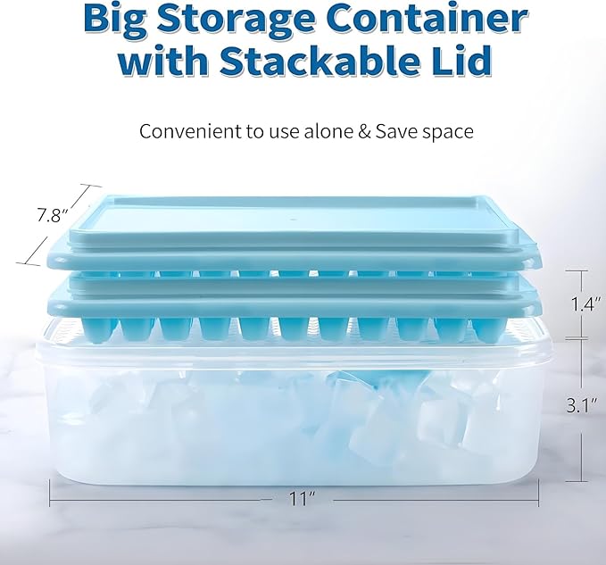 ARTLEO Ice Cube Tray with Lid and Bin for Freezer, Easy Release 55 Ice Cube Trays 2 Pack, Spill-Proof Filling & Transporting, Stackable Ice Maker Tray and Big Storage Container, BPA Free