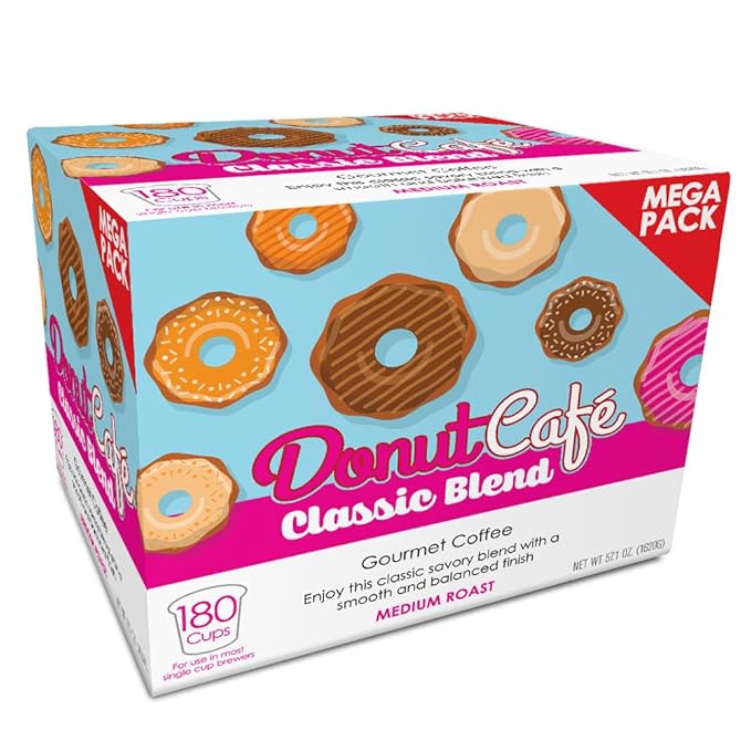 Donut Cafe Single Serve Coffee Pods for Keurig K-Cup Brewers, Classic Blend, Medium Roast, 180 Count Mega Pack
