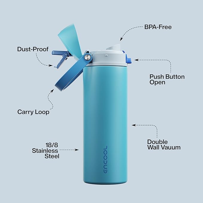 Insulated Water Bottle with Straw - Encool Stainless Steel Water Bottle with Push Button Lid, Leak-Proof & BPA-Free, Keeps Cold for 24 Hours for Sports, Travel, Gym (24 oz, Silk Blue)