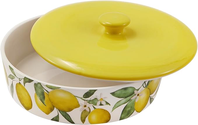 Bico Lemon Dreams Ceramic Tortilla Warmer, 8.9 Inch Tortilla Holder with Lid for Taco Bread Pancake for Mexican Night and Party, Microwave and Dishwasher Safe