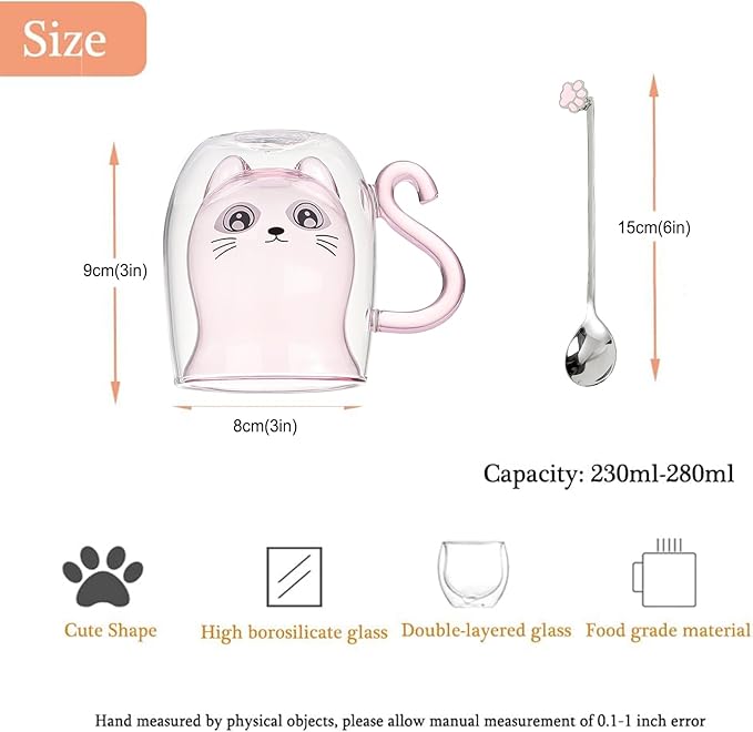 Cute Mugs Glasses Double Wall Insulated Glasses Espresso Cup, Coffee Cup, Tea Cup, Milk Cup, Best Gift for Office and Personal Birthday, Pink Cat
