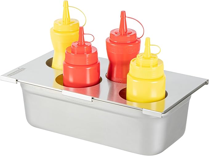 Restaurantware Squeeze Bottle Template Pack of 1 Stainless Steel 4 Hole Holder Top, 3.25" Diameter Fits 1/3 Size Food Pans, Dishwasher Friendly Integrated Lip Design Holder Top for Condiment Bottles