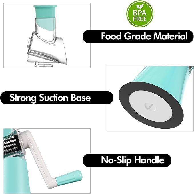 Cheese Grater Hand Crank, Rotary Vegetable Shredder with Handle and Strong Suction base, 3 in 1 Kitchen Speed Spin Veggie Slicer Nut Grinder for Pizza Top, Hash brown, Salad and More (Blue)
