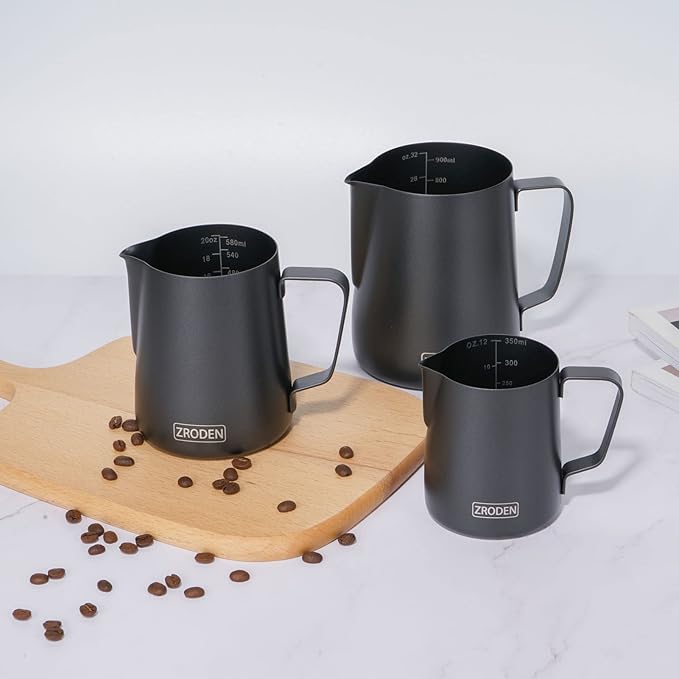 Milk Frothing Pitcher, 20oz Espresso Steaming Pitchers Stainless Steel Cappuccino Coffee Machine Accessories Barista Tools Steam Froth Pitchers Milk Jug Cup with Decorating Pen Latte Art, Matte Black