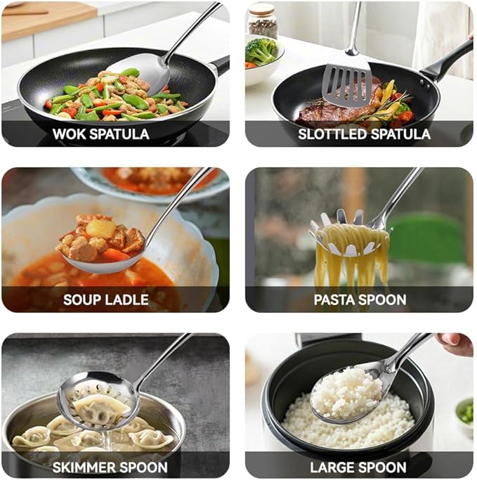 304 Stainless Steel Kitchen Utensils Set, VALESKA 6PCS Metal Cooking Utensils Set, Wok Spatula, Ladle, Skimmer Slotted Spoon, Pasta Spoon, Serving Large Ladle, Slotted Spatula Tunner