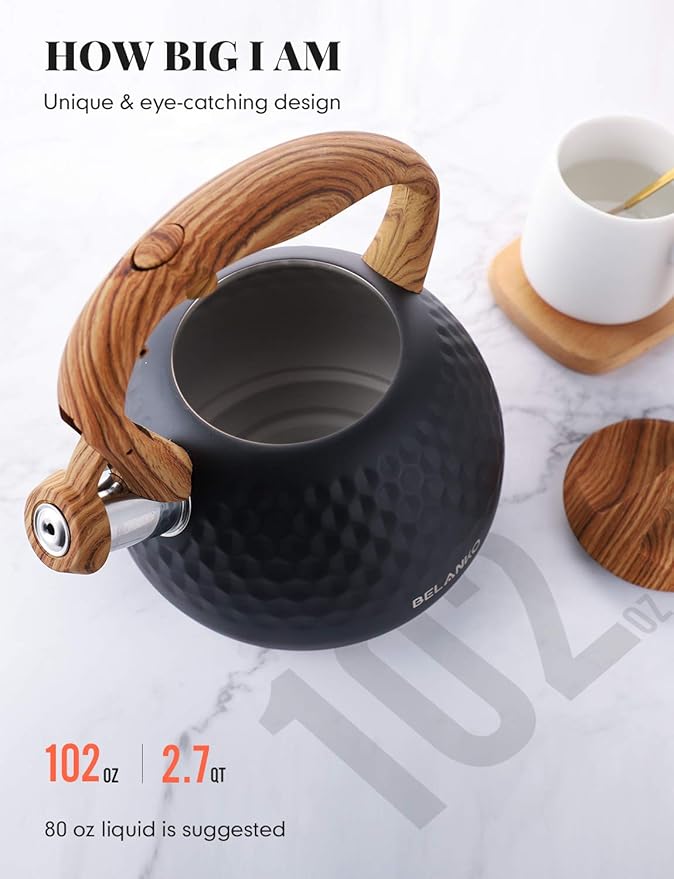 BELANKO 2.7 Quart Tea Kettle for Stovetop - Food Grade Stainless Steel with Diamond Texture, Designer Teapot Look, Cool-Touch Wood Pattern Handle, Whistling Spout - Matte Black
