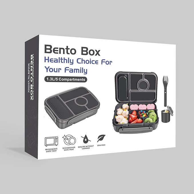 Bento Box Adult Lunch Box Kids,Lunch Containers for Adults/Kids/Toddler,5 Compartments Bento Lunch Box with Sauce Vontainers,Microwave & Dishwasher & Freezer Safe,BPA-Free (Dark Gray)