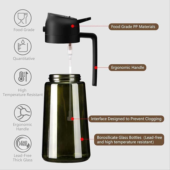 Olive Oil Dispenser and Oil Sprayer – 16oz/470ml Glass Light-Proof Oil Pourer for Kitchen, Air Fryer, Cooking, Salad, and BBQ