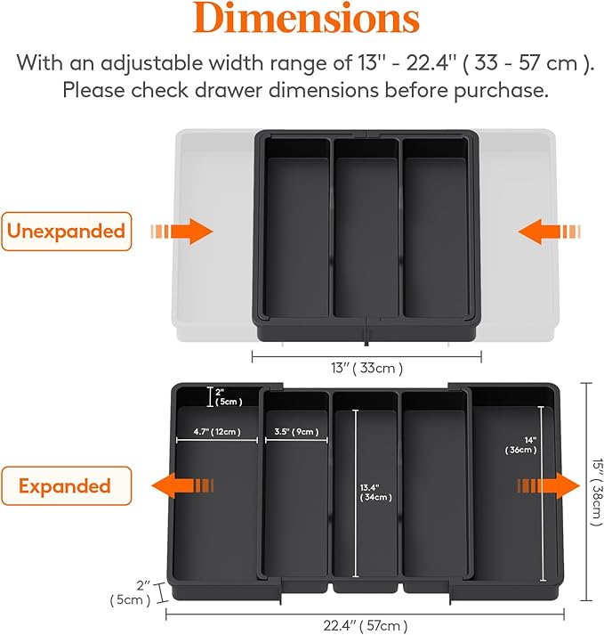 Lifewit Cooking Utensil Drawer Organizer, Expandable from 13 to 22.4 inches, Adjustable Cutlery Silverware Tray, Plastic Flatware Spatula Holder, Kitchen Tools Gadgets Storage Divider, Black