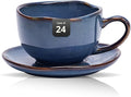 Organic Shape Restaurant 8OZ Coffee Cup and Saucer, Commerical Grade Catering Stoneware Cup and Saucer in Ir-regular Organic Shape, Chip & Scratch Resistant, Glossy Reactive Glaze Blue, Case of 24