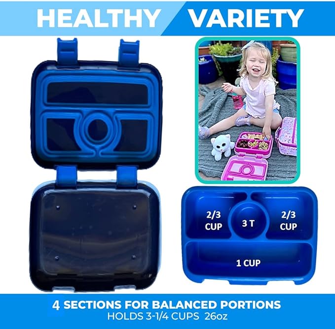 Bento Box Lunch Boxes for Kids Boys Girls, Snack Containers for Toddler Daycare, Pre-School Lunches, 4 Divided Compartments, Pink Unicorn + Blue Space Dinosaur 2 pack