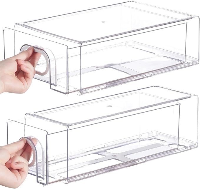 6 PCS Refrigerator Organizers And Storage Stackable Storage Drawers, Large Heavy Duty Fridge Organizer Bins Pull Out Refrigerator Organizer Bins, White Handle, 3 Drawers And 3 Small Cubes
