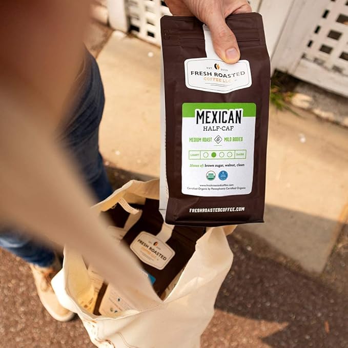 Fresh Roasted Coffee, Organic Mexican Water-Processed Half-Caf | USDA Organic, Kosher | Medium Roast 2 lb (32 oz) Whole Bean