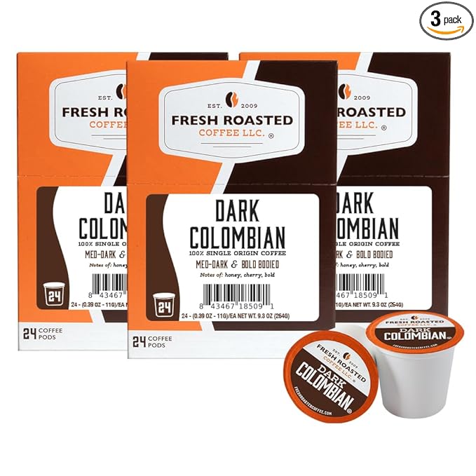 Fresh Roasted Coffee, Dark Colombian, Med-Dark Roast, 72 Pods for K Cup Brewers