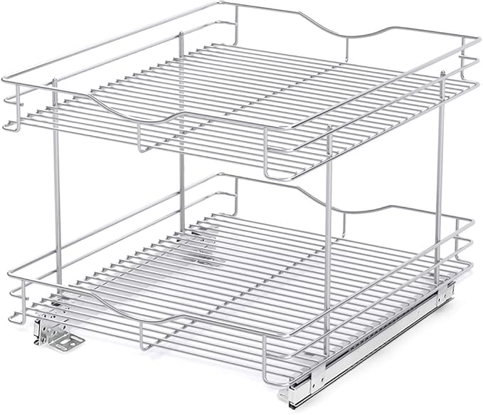 FULGENTE Chrome Finish Pull Out Drawer Cabinet Organizer 2 Tier (17" W * 21" D*15.12''H) Professional Sliding Pantry Shelves Under Kitchen Bathroom Sink Wire Drawer Storage Roll Out Shelf Basket