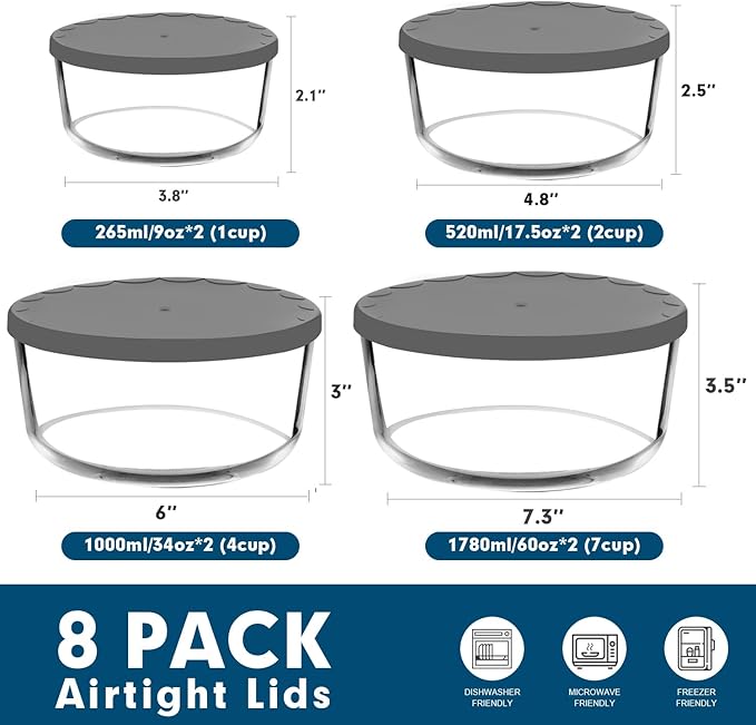 M MCIRCO 8-Pack Glass Food Storage Containers Set, Round Containers with Lids, 7, 4, 2 & 1-Cup, Microwave Dishwasher Friendly, BPA-Free Meal Prep Containers