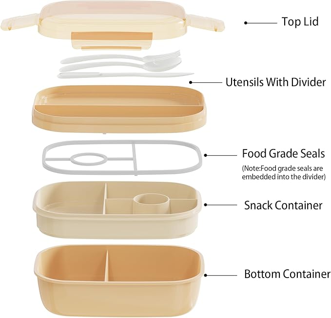 JBGOYON® Bento Lunch Box Set - 3 Stackable Containers for Adults and Kids- Includes Lunch Bag, Leak-Proof and BPA-Free - Built-in Utensil Set and Snack Bag - Dishwasher Safe (Khaki)