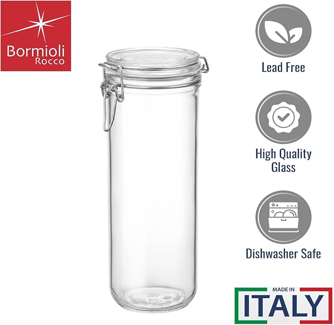 Bormioli Rocco Fido Cylinder 46 oz Airtight Jar (Set of 2) - BPA-Free Glass Ingredient Container - Ideal for Canning, Fermentation, Pantry Organization, Kitchen Storage - Dishwasher & Food Safe