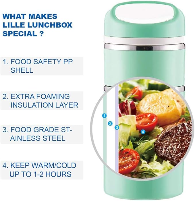 Lille Home Stackable Stainless Steel Thermal Compartment Lunch/Snack Box, 3-Tier Insulated Bento/Food Container with Lunch Bag, Utensils Set and Three Extra Seals, 43OZ