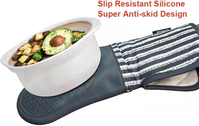 Silicone Oven Mitts Heat Resistant 932℉ with Waterproof & Non-Slip Kitchen Mittens, Set of 2 Extra Long Oven Gloves with Soft Cotton Terry Lining for Baking Cooking Barbecue