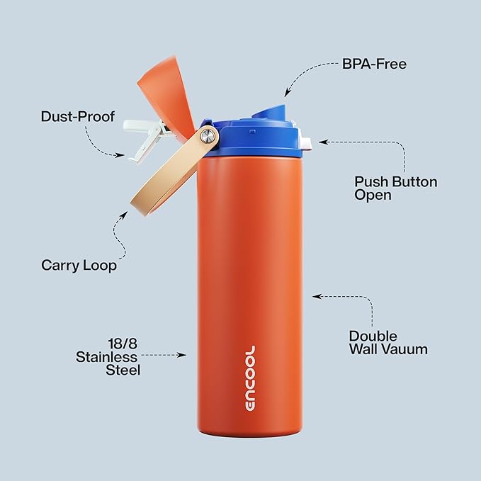 Insulated Water Bottle with Straw - Encool Stainless Steel Water Bottle with Push Button Lid, Leak-Proof & BPA-Free, Keeps Cold for 24 Hours for Sports, Travel, Gym (24 oz, Salmon)