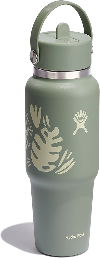 Hydro Flask Travel Water Bottle - Insulated Stainless Steel - Wide Straw Lid, Non Spill, Leakproof in 32 Oz Botanical Bliss Green