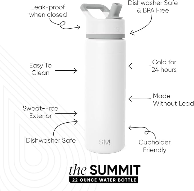 Simple Modern Water Bottle with Straw Lid Vacuum Insulated Stainless Steel | Reusable Leak Proof BPA-Free Flask for Gym, Travel, Sports | Summit Collection | 22oz, Winter White Mix
