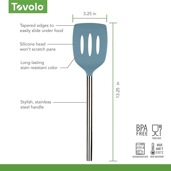 Tovolo Slotted Silicone Spatula Turner Slotted Stainless Steel Handle 10" Blue Slate Heat Resistant Non Toxic BPA Free Kitchen Utensil, Silicone Egg Pancake Flipper Metal Handle Turner for Cooking