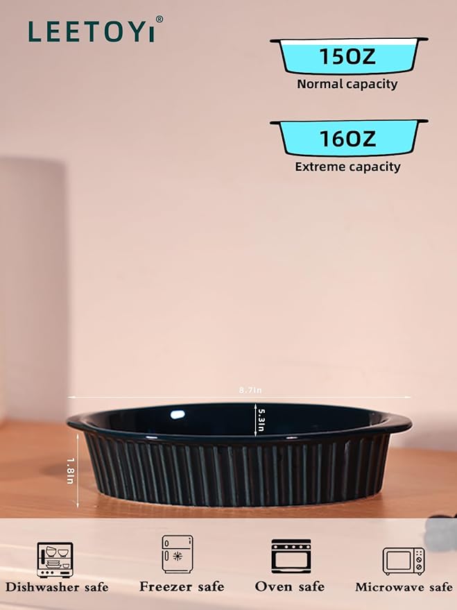 LEETOYI Porcelain Small Oval Au Gratin Pans, Baking Dish Set for 1 or 2 person servings, Bakeware with Double Handle for Kitchen and Home, Set of 2 (Navy)