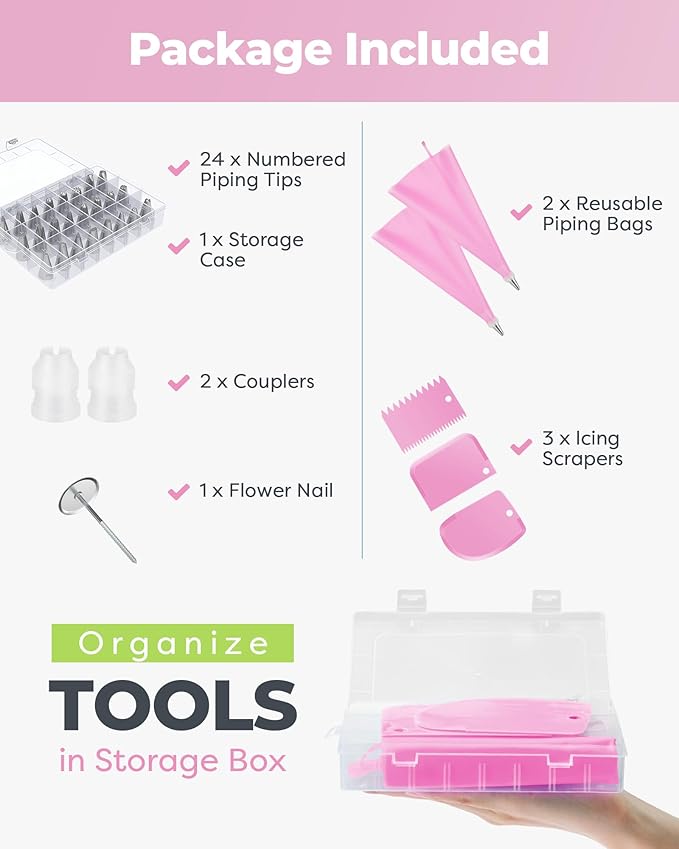 Kootek 32-Piece Piping Bags and Tips Set with 24 Icing Piping Tips, 2 Reusable Pastry Bags 12 Inch, Reusable Piping Icing Bags and Tips, Cake Decorating Kit for Frosting Cookie, Cupcake