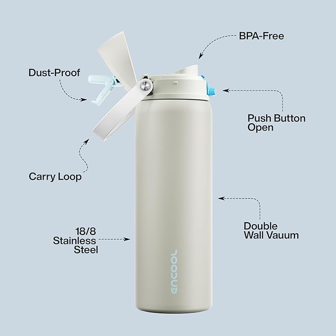 Insulated Water Bottle with Straw - Encool Stainless Steel Water Bottle with Push Button Lid, Leak-Proof & BPA-Free, Keeps Cold for 24 Hours for Sports, Travel, Gym (32 oz, Kangaroo Grey)