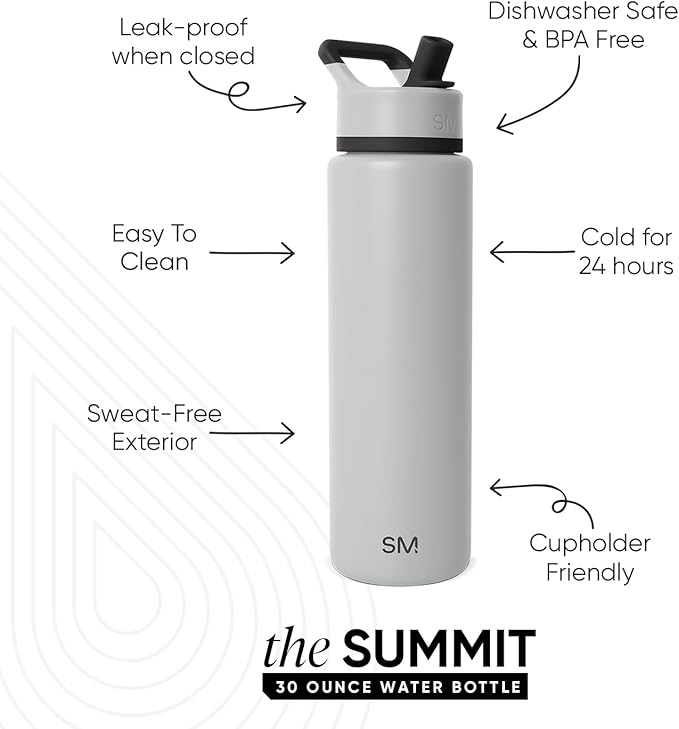 Simple Modern Water Bottle with Straw Lid | Vacuum Insulated Stainless Steel Metal Thermos | Reusable Leak Proof BPA-Free Flask for Sports Gym | Summit Collection | 30oz, Ice Gray